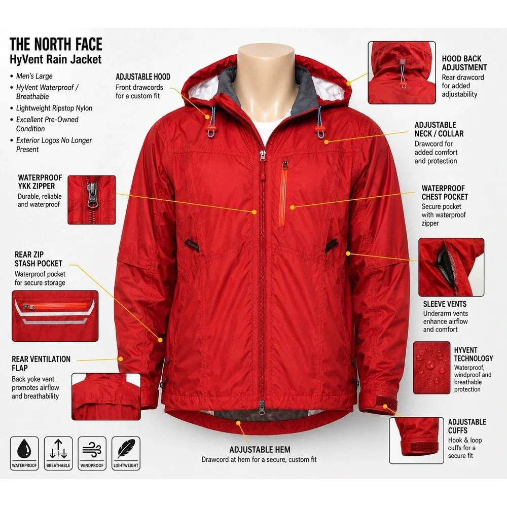 The North Face HyVent Technical Rain Shell Jacket Men's Large Red Hooded YKK